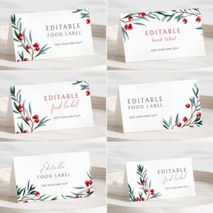 May include: White, folded food labels with watercolor illustrations of green leaves and red berries. Each label has the text "EDITABLE FOOD LABEL" and "ADD YOUR OWN TEXT" in a dark red font. The labels are arranged in a grid.