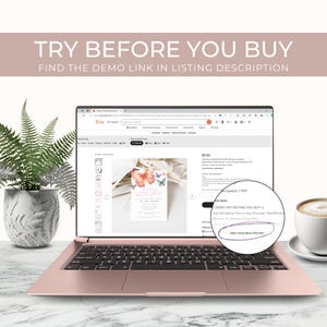 a laptop displaying a website with a floral design, a potted plant, and a cup of coffee on a desk.
