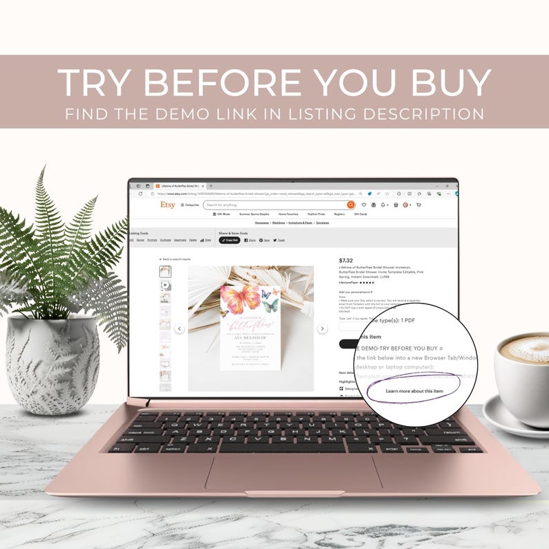 a laptop displaying a website with a floral design, a potted plant, and a cup of coffee on a desk.
