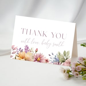 Carte de remerciement Baby shower de bébé en fleurs, modèle de remerciement floral modifiable, carte de remerciement fleurs sauvages pour baby shower printemps-été, LLP63