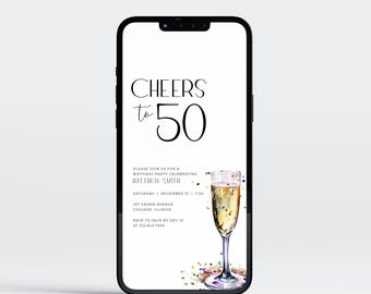 Invitación editable para el 50 cumpleaños, Invitación digital para el 50 cumpleaños de un hombre, ¡Brindemos por los 50!, Invitación para cumpleaños importantes, Cumpleaños con champán 30 y 40, LLP199