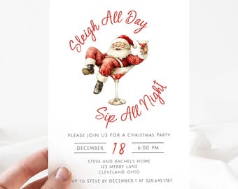 Christmas Cocktail Party Invite Editable, Santa Martini Party, Christmas Party Invite Funny Santa, Adult Holiday Party Sleigh All Day LLP149