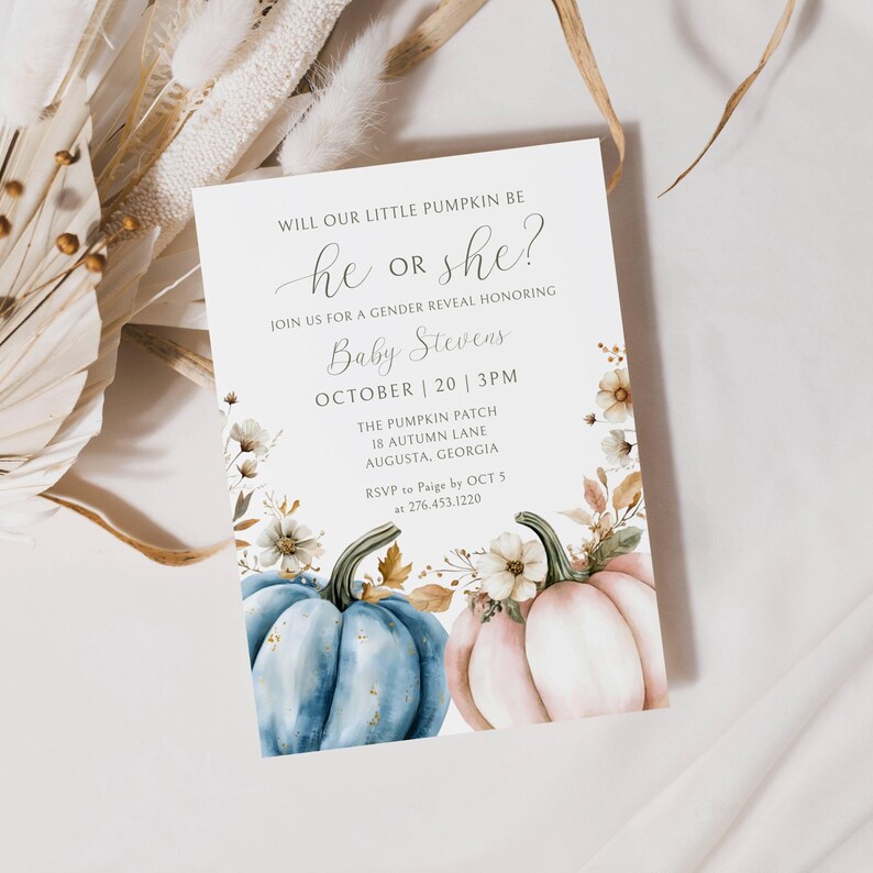 Little Pumpkin Gender Reveal Invite Template, Pumpkin Gender Reveal Digital, Boy or Girl, He or ...