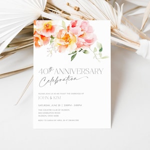 May include: A white invitation card with a watercolor floral design in shades of pink and orange. The text reads "40th Anniversary Celebration" and includes details for a celebration for John & Kim.