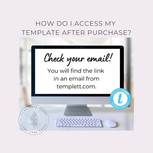 Puede incluir: Una pantalla de ordenador que muestra el texto "Check your email! You will find the link in an email from templett.com." La pantalla est&aacute; sobre un escritorio blanco con un teclado y un rat&oacute;n. Un c&iacute;rculo azul con la letra "t" y el texto "Edit with templett. Editable template" se encuentra en la esquina inferior derecha de la imagen.