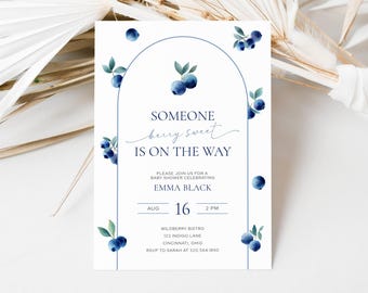 Someone Berry Sweet Invite Template, Berry Sweet Baby Shower Invitation, Baby Shower Blueberry Theme invite, Editable Digital, LLP262