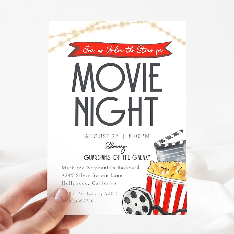 Movie Night Invitation. Join us Under the Stars. Watercolor Popcorn Tub, film roll and Clapper. Red Banner and Twinkly lights. Dark Gray Fonts and White Background. Print or send digitally. 5x7.