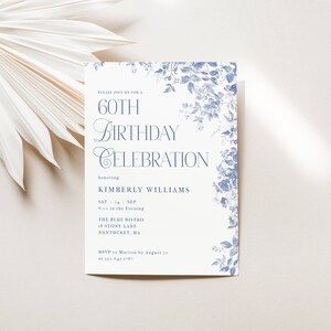 Blue Toile 60th Birthday Invitation. Dusty Blue Vintage Florals. Blue Font. White Background. Print or Send Digitally. 5x7 inches.