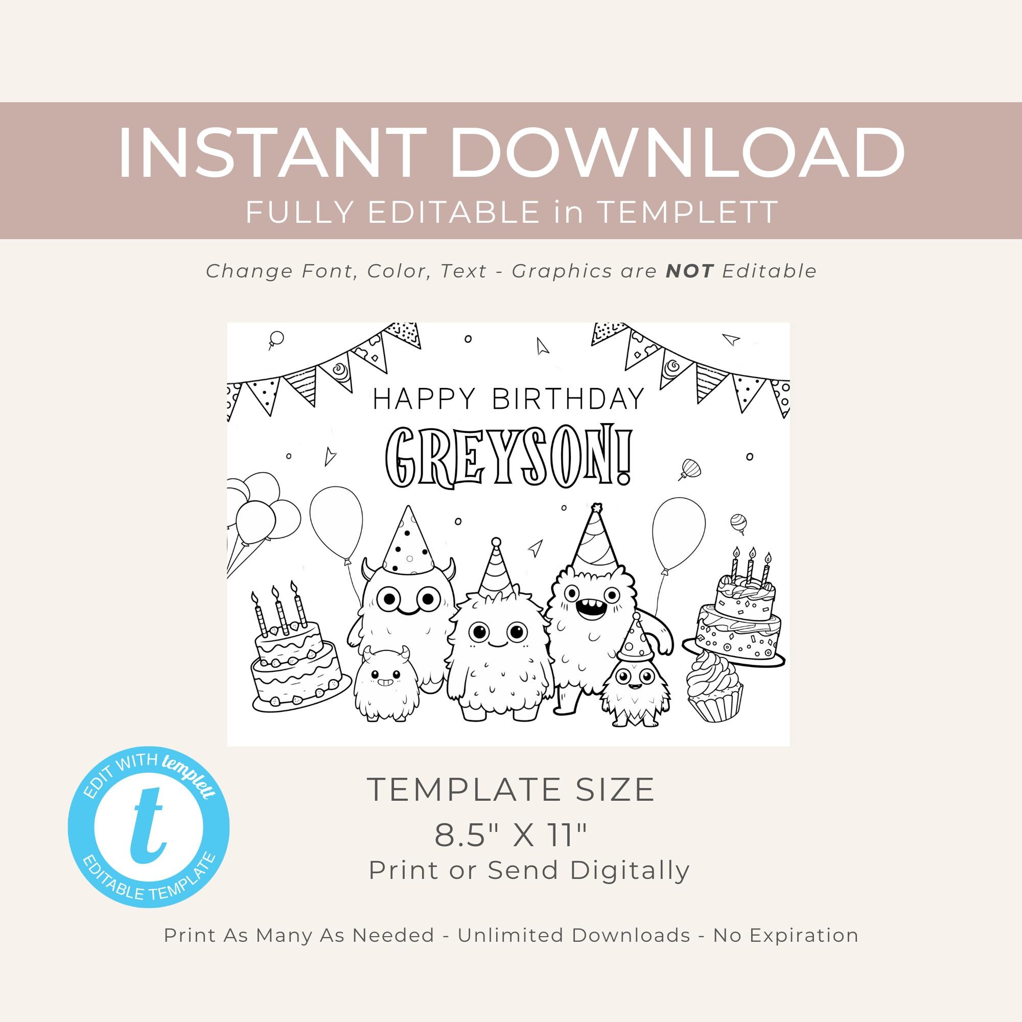 Monster Birthday Party Coloring Page, Birthday Party Activity Page ...