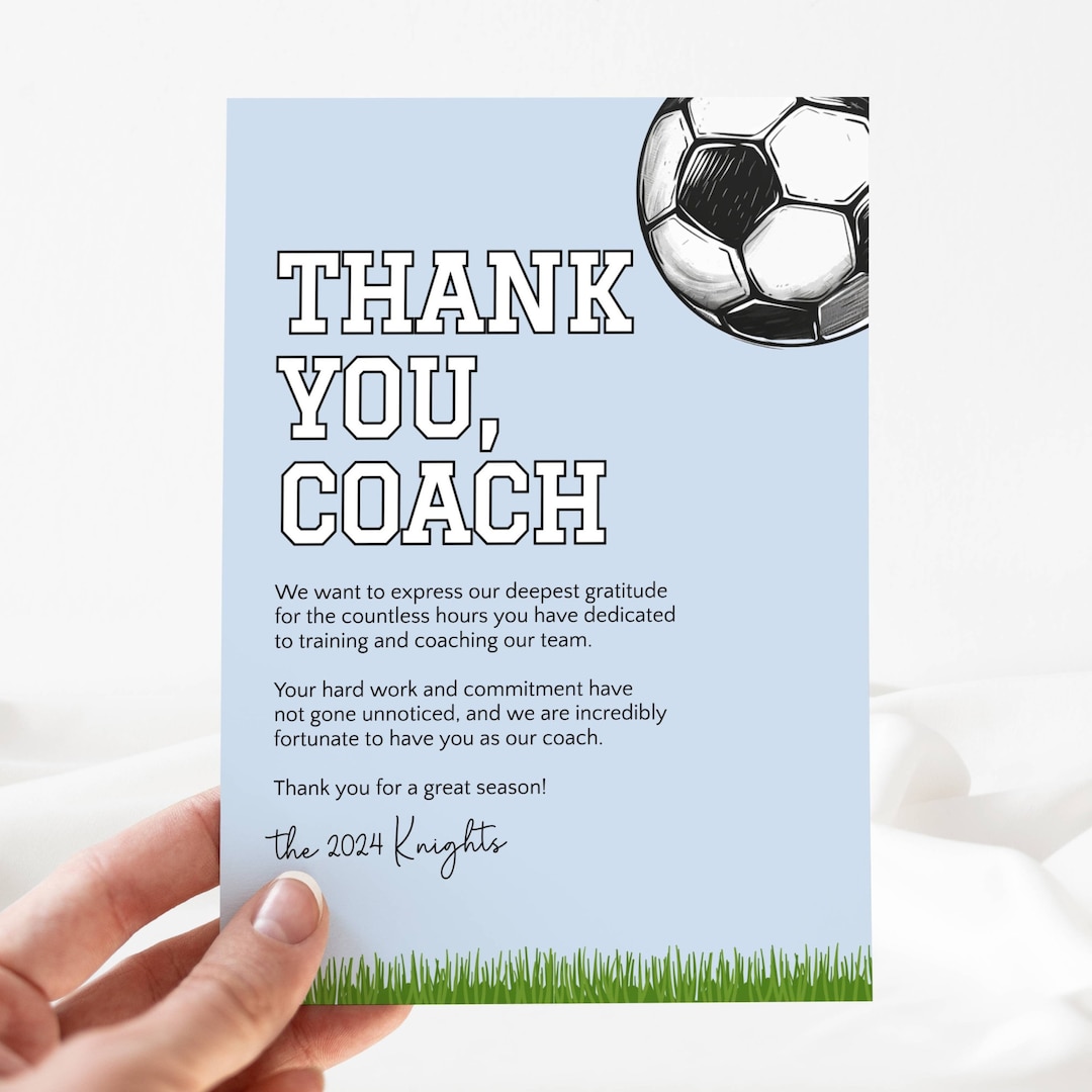 Soccer Coach Thank You Card Template, Editable Thank You Coach