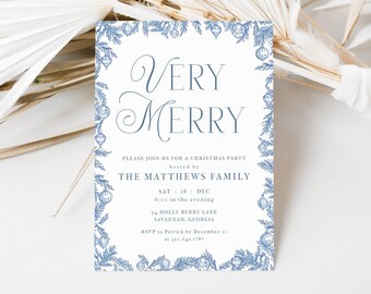 Chinoiserie Christmas Invite Editable, Blue Toile Christmas Party, Holiday Party French Blue, Traditional Blue Christmas Template, LLP169