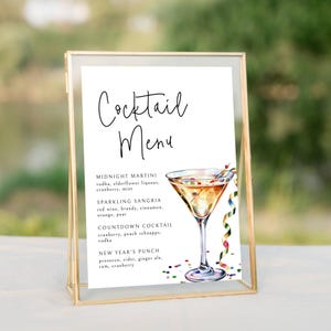 Enseigne de menu de boissons martini party, modèle de signe de menu cocktail du nouvel an, menu de boissons de fête des fêtes, signe modifiable de boisson signature cheers, LLP199