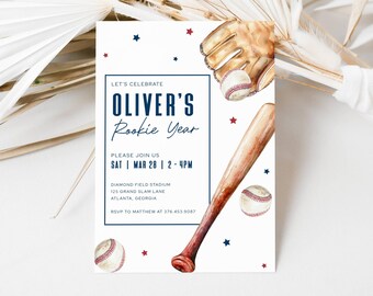 First Birthday Baseball Party Invite Template, Editable Baseball Party Invite, Rookie Year Party, Sports Party Digital Invite Blue, LLP217