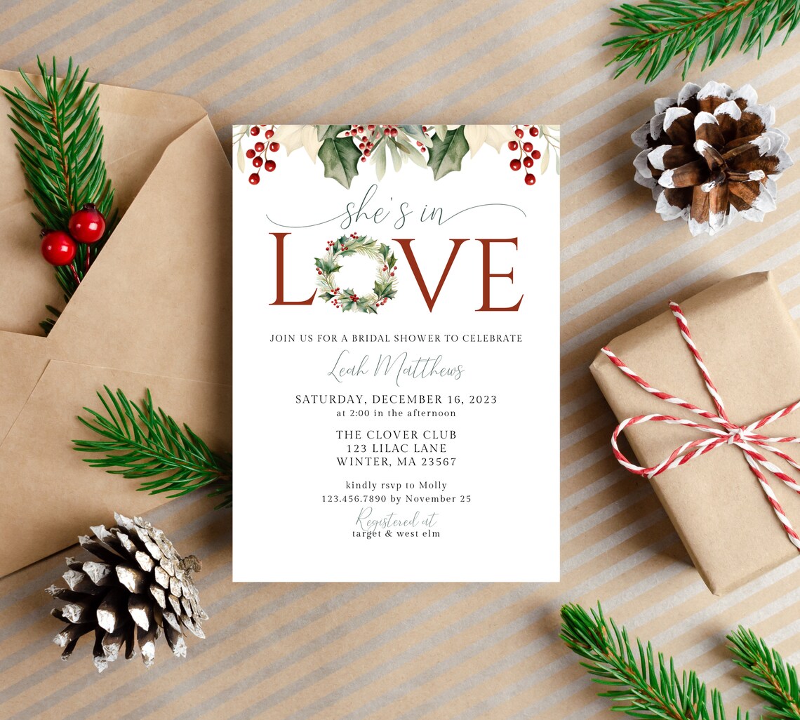 Christmas Bridal Shower Invitation, She's in Love, Holiday Shower ...