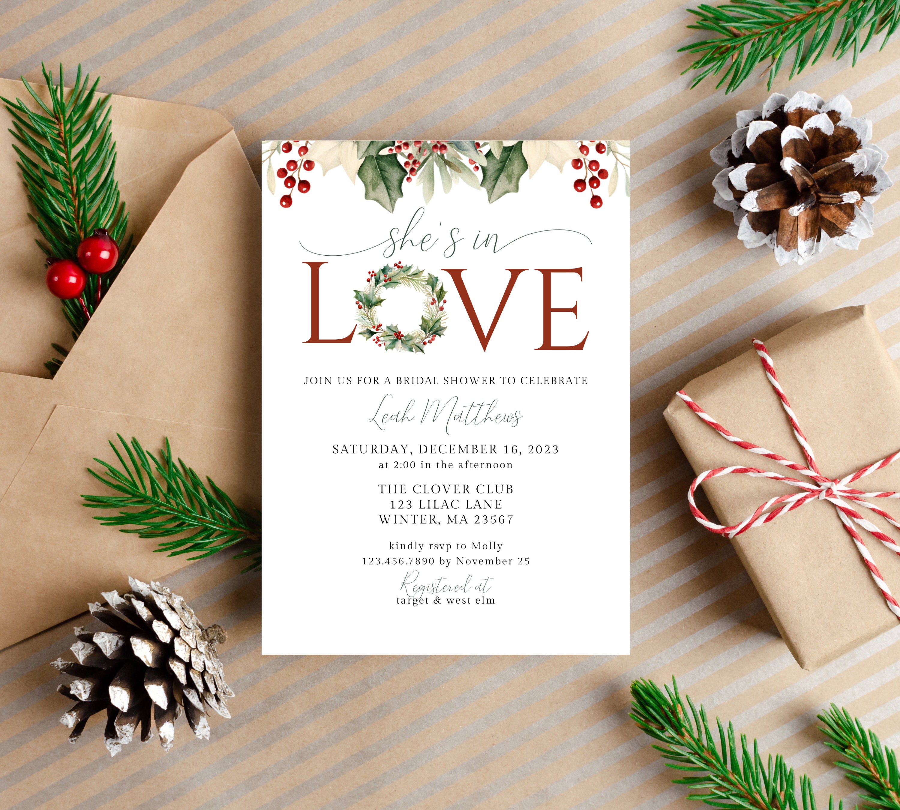 Christmas Bridal Shower Invitation, She's in Love, Holiday Shower ...