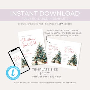 Christmas Book Club Invitation. Stack of Vintage books with Christmas Tree. Red Script Font. White background. Print or send digitally. 5x7