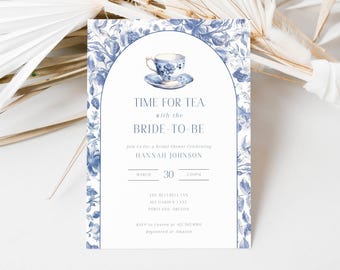 Tee mit der Brautdusche laden ein blaues Toile, Braut Brunch Chinoiserie bearbeitbare digitale Vorlage, LLP275