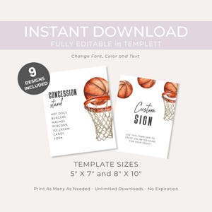 Basketball Theme Birthday Party Sign Templates. Basketball and Hoop. Black Script and Display Fonts. 8x10 and 5x7 sizes. White Background.