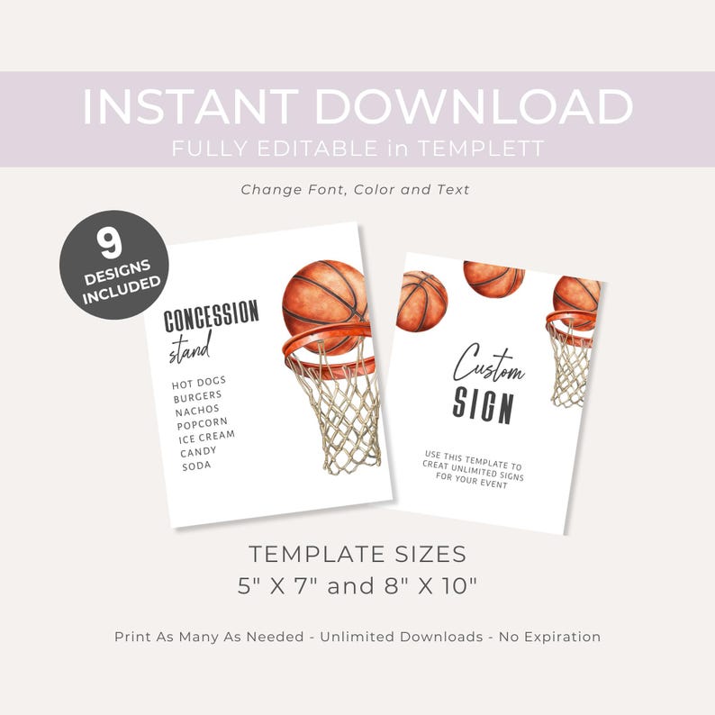 Basketball Theme Birthday Party Sign Templates. Basketball and Hoop. Black Script and Display Fonts. 8x10 and 5x7 sizes. White Background.