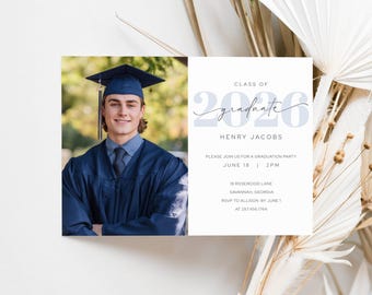 Plantilla digital editable para invitación minimalista a fiesta de graduación, anuncio de graduación con foto azul, LLP277