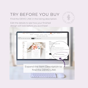 May include: A computer monitor displays an Etsy listing for a butterfly-themed invitation. The screen shows the text "TRY BEFORE YOU BUY" and "Expand the Item Description to find the DEMO LINK". A keyboard and mouse are in the foreground.