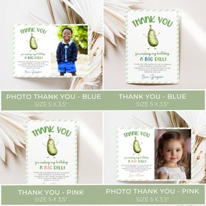 Dill Pickle Theme Birthday Template Bundle. Invitation, Name Game, Thank You Card, Chocolate Bar Wrapper, Water Bottle Label, Welcome Sign, Photo Thank You Card, Banner, Food Label, Cupcake Topper, Custom Sign, Favor Tag. Watercolor Pickles in Party Hats. Green Display and Script Fonts. White Background. Editable Printable Templates.