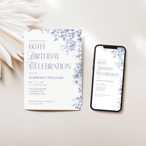Blue Toile 60th Birthday Invitation. Dusty Blue Vintage Florals. Blue Font. White Background. Print or Send Digitally. 5x7 inches.