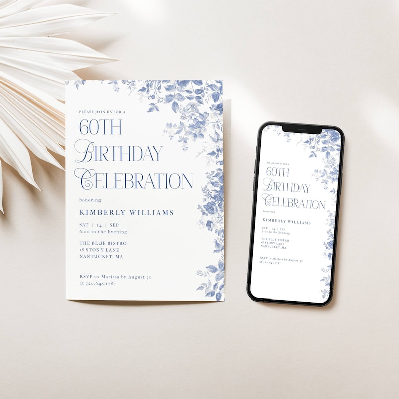 Blue Toile 60th Birthday Invitation. Dusty Blue Vintage Florals. Blue Font. White Background. Print or Send Digitally. 5x7 inches.