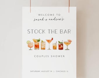 Letrero imprimible de Stock The Bar, plantilla de Stock The Bar para despedida de soltera, letrero de bienvenida editable para despedida de soltera, póster de bienvenida con bebidas, LLP225