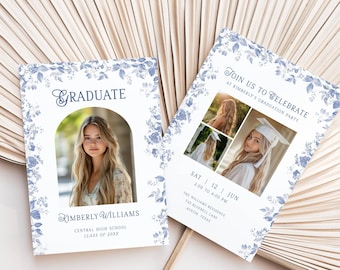 Plantilla de invitación para fiesta de graduación con estampado de toile azul, anuncio floral en azul polvoriento, invitación de graduación con foto, descarga instantánea y editable, LLP221