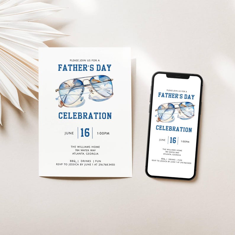 Fathers Day Celebration Invitation, Aviator Sunglasses, Blue Display and Black Fonts. White Background. 5x7. Editable Printable. Instant Download. Print or Send Digitally.