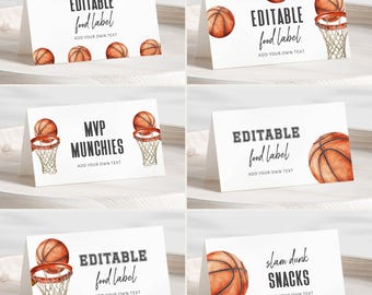 Basketbalfeest Voedseletiketten, bewerkbare snacktafeltentkaarten, Slam Dunk-verjaardagsversieringen, afdrukbare Game Day Buffet-tags, LLP216