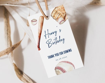 May include: White thank you tag with a baseball theme. It features a baseball bat, a baseball glove, and baseballs. The text reads "Henry's Birthday" and "Thank You For Coming 03.28.20XX".