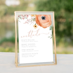 Plantilla de menú de cócteles, letrero imprimible de bebidas personalizado, menú de bar para despedida de soltera con flores naranjas primaverales, letrero para bar de bodas, descarga instantánea, LLP33