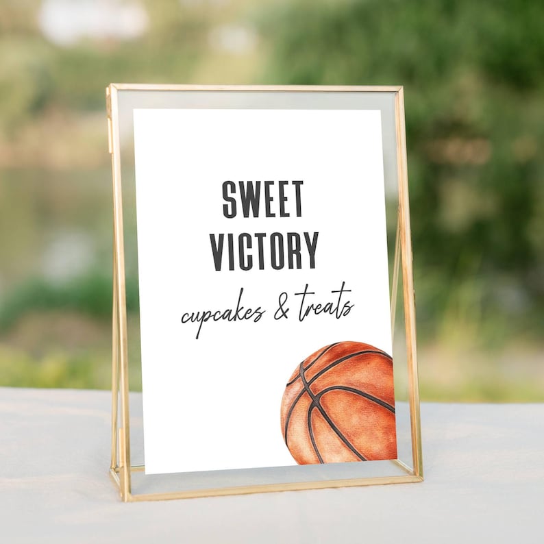 Basketball Theme Birthday Party Sign Templates. Basketball and Hoop. Black Script and Display Fonts. 8x10 and 5x7 sizes. White Background.