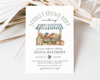Locally Grown Baby Shower Invitation Template, Farmers Market Baby Shower Printable, Gender Neutral Homegrown With Love Baby Shower, LLP128