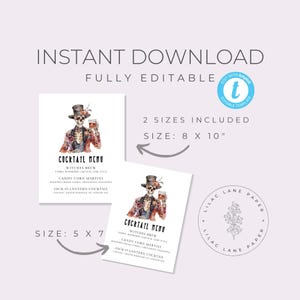 Halloween Drink Menu Sign Template. Skeleton Wearing Tuxedo and Top Hat drinking bourbon. Black Fonts. White Background. 5x7, 8x10