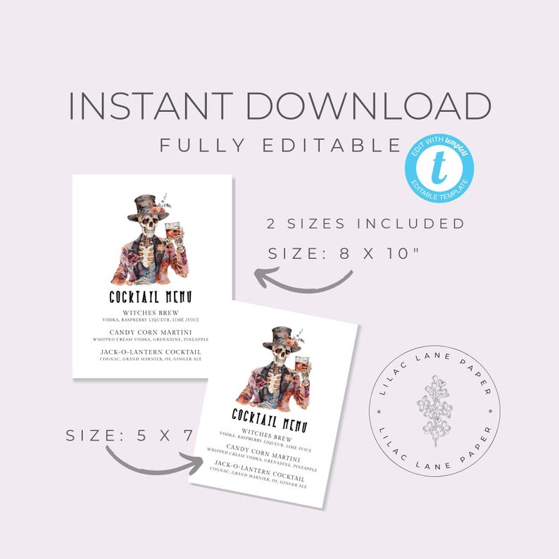 Halloween Drink Menu Sign Template. Skeleton Wearing Tuxedo and Top Hat drinking bourbon. Black Fonts. White Background. 5x7, 8x10