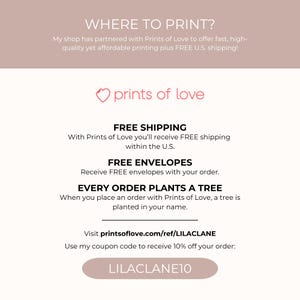 The image is a promotional image for a shop that offers free shipping and free envelopes with every order. It features a tree being planted in the customer's name when they place an order with Prints of Love. The image also includes a website address for more information and a 10% off coupon code for customers to receive a discount on their order.