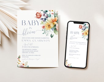 Baby in Bloom Invitation Template, Cottagecore Invite Baby Shower Baby in Bloom, Wildflowe Floral Baby Shower Instant Download Digital LLP62