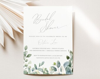Może przedstawiać: Białe zaproszenie na wieczór panieński z zielonymi liśćmi akwarelowymi i tekstem "Bridal Shower", "Please join us to celebrate bride-to-be Octavia Love", "Saturday 5th June 20XX | Twelve o'clock", "The Greenstone Inn | Asheville, North Carolina", "RSVP to Hannah by May 4 at 243.567.8267", "registered at pottery barn & west elm".