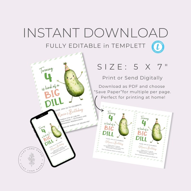 A Big Dill Pickle Theme Birthday Party Invitation. Watercolor Pickle wearing a party hat. Green, Pink and Black Fonts. White Background. Print or Send Digitally. 5x7