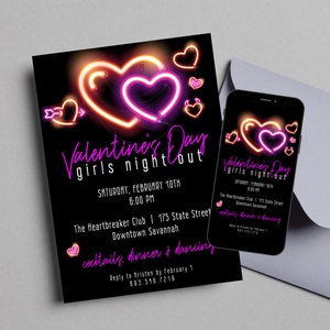 Editable Valentines Girls Night Invite, Valentines Day Party Invitation Printable, Galentines Invite Digital, Neon Girls Night Invite LLP47