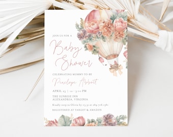 Pink Hot Air Balloon Baby Shower Invitation Editable Template, Pink Baby Shower Invite Printable, Girl Baby Shower, Instant Download, LLP69