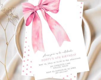 Pink Bow Birthday Party Invite Editable Template, Coquette Bow Invite Girl Birthday Any Age, LLP181