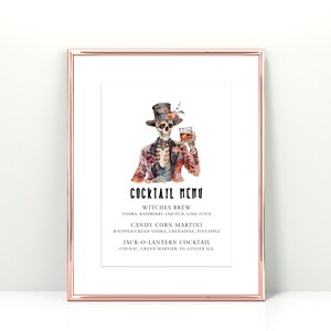Halloween Drink Menu Sign Template. Skeleton Wearing Tuxedo and Top Hat drinking bourbon. Black Fonts. White Background. 5x7, 8x10