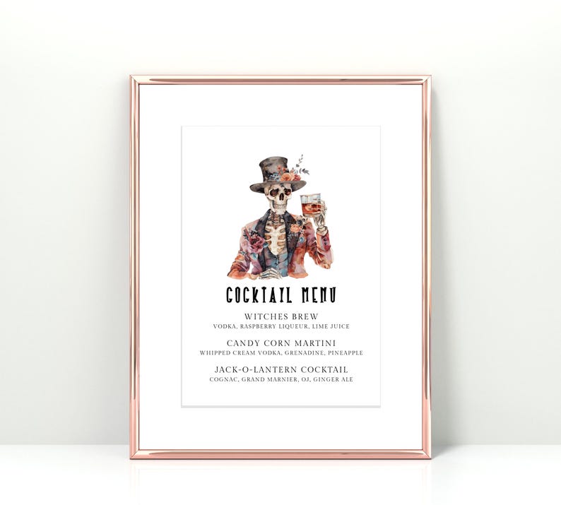 Halloween Drink Menu Sign Template. Skeleton Wearing Tuxedo and Top Hat drinking bourbon. Black Fonts. White Background. 5x7, 8x10