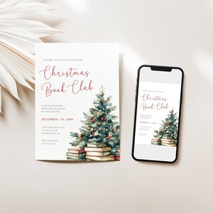 Christmas Book Club Invitation. Stack of Vintage books with Christmas Tree. Red Script Font. White background. Print or send digitally. 5x7
