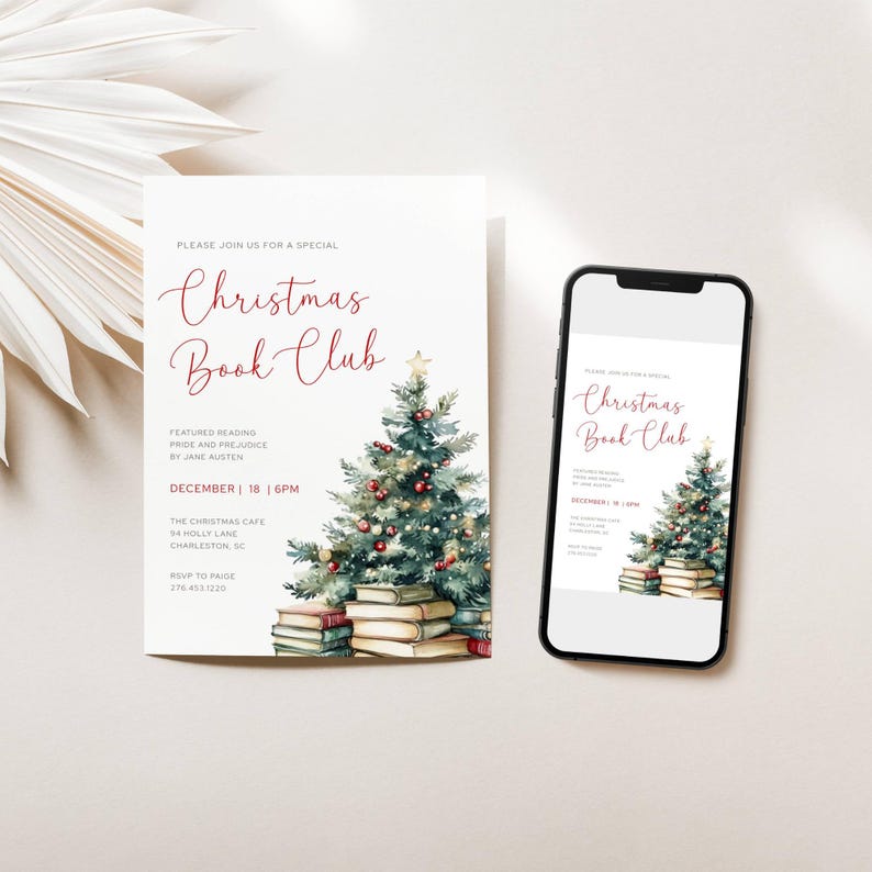 Christmas Book Club Invitation. Stack of Vintage books with Christmas Tree. Red Script Font. White background. Print or send digitally. 5x7