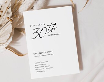 Minimalist Black and White 30th Birthday Invite, 30th Birthday Party Invitations Guy, Milestone Birthday Invite Her Editable Template LLP242